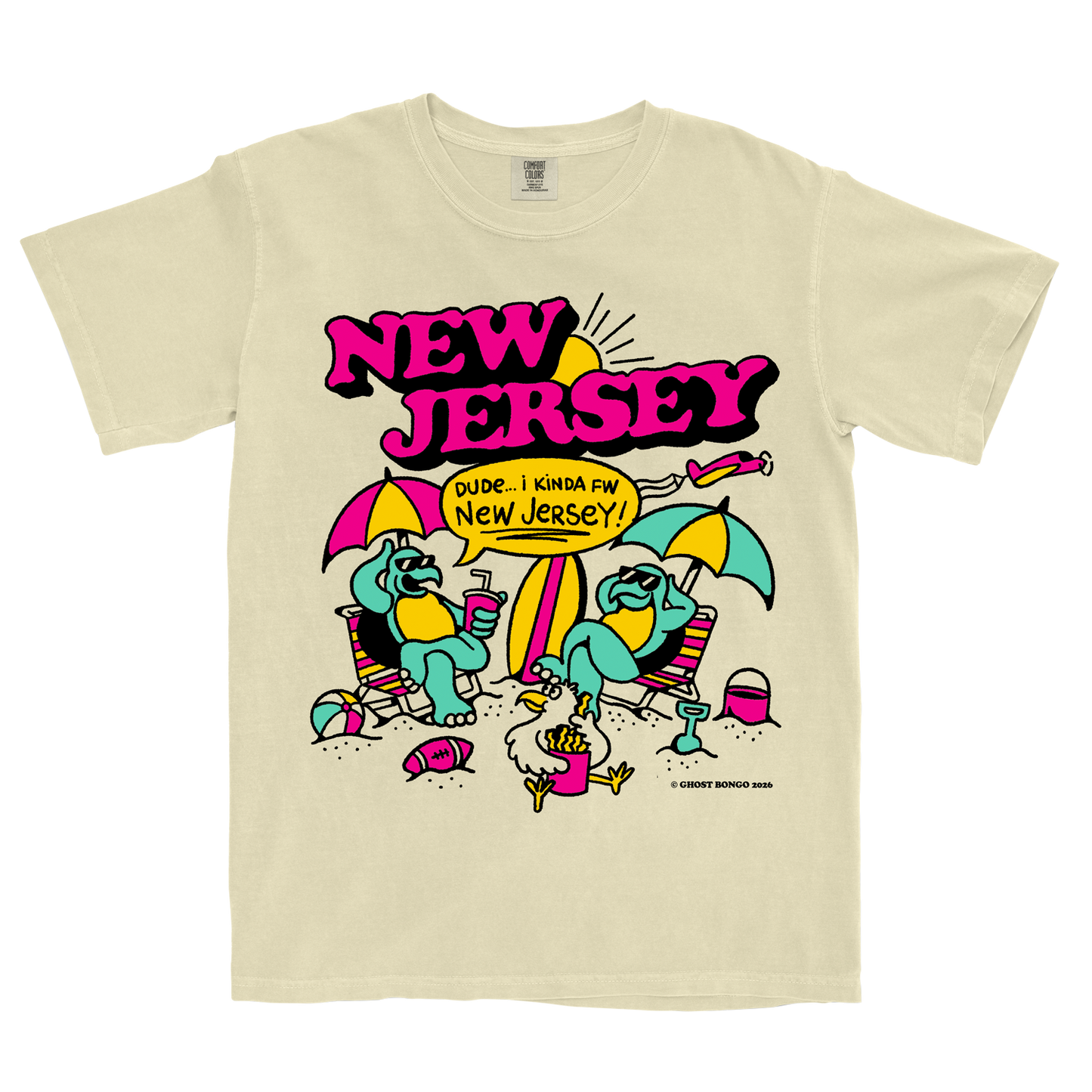 Beige t-shirt with colorful 'New Jersey' graphic design featuring cartoon characters and text.