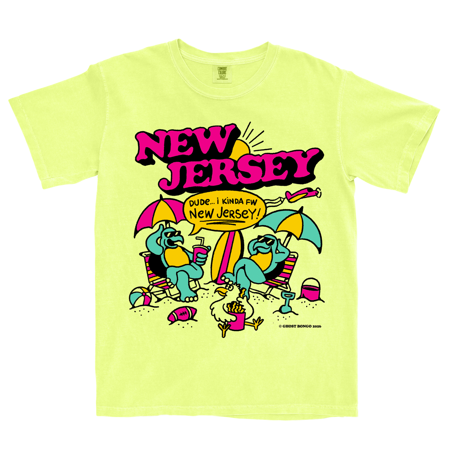 Yellow t-shirt with 'New Jersey' graphic design featuring cartoon characters and text.