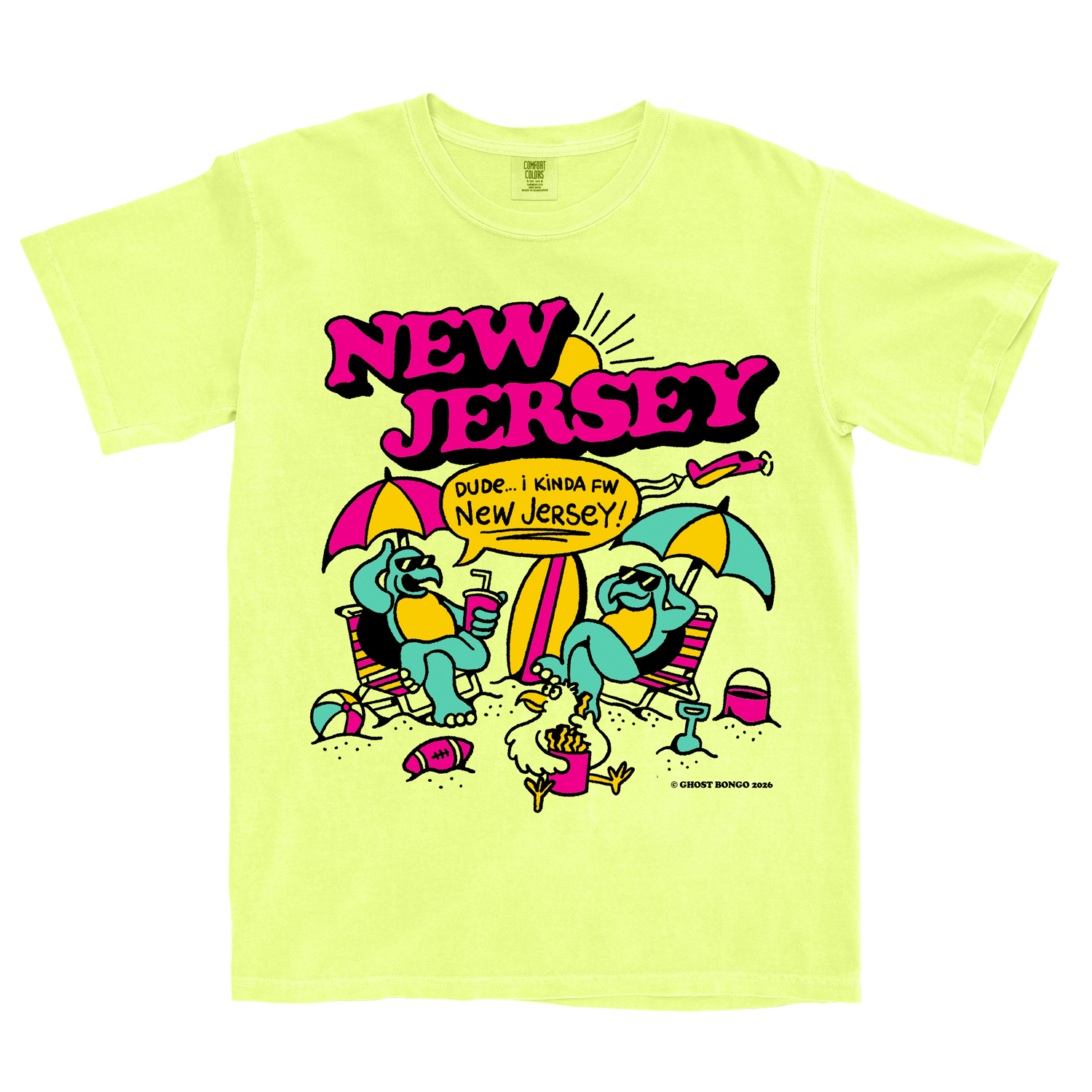 Yellow t-shirt with 'New Jersey' graphic design featuring cartoon characters and text.