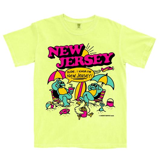 Yellow t-shirt with 'New Jersey' graphic design featuring cartoon characters and text.