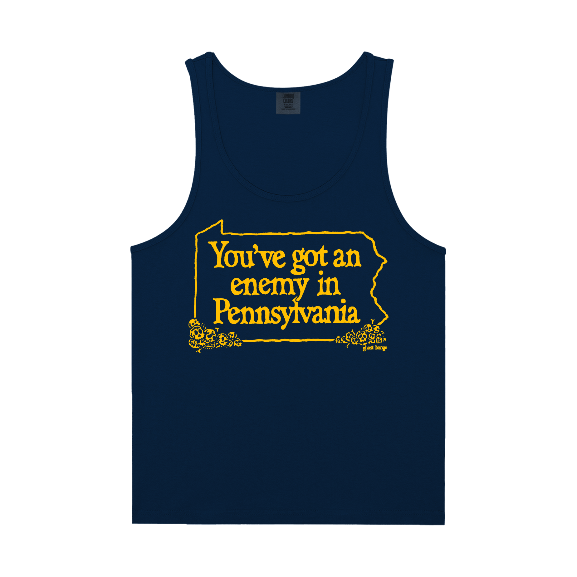 Navy tank top with yellow text 'You've got an enemy in Pennsylvania' and state outline