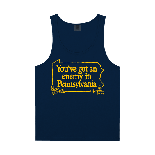 Navy tank top with yellow text 'You've got an enemy in Pennsylvania' and state outline