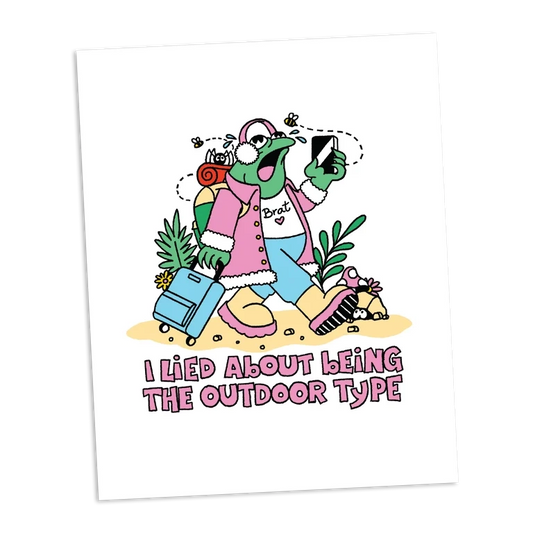 Cartoon character with a suitcase and plants, holding a phone, with text 'I lied about being the outdoor type' on a white background.
