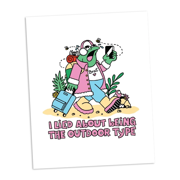 Cartoon character with a suitcase and plants, holding a phone, with text 'I lied about being the outdoor type' on a white background.