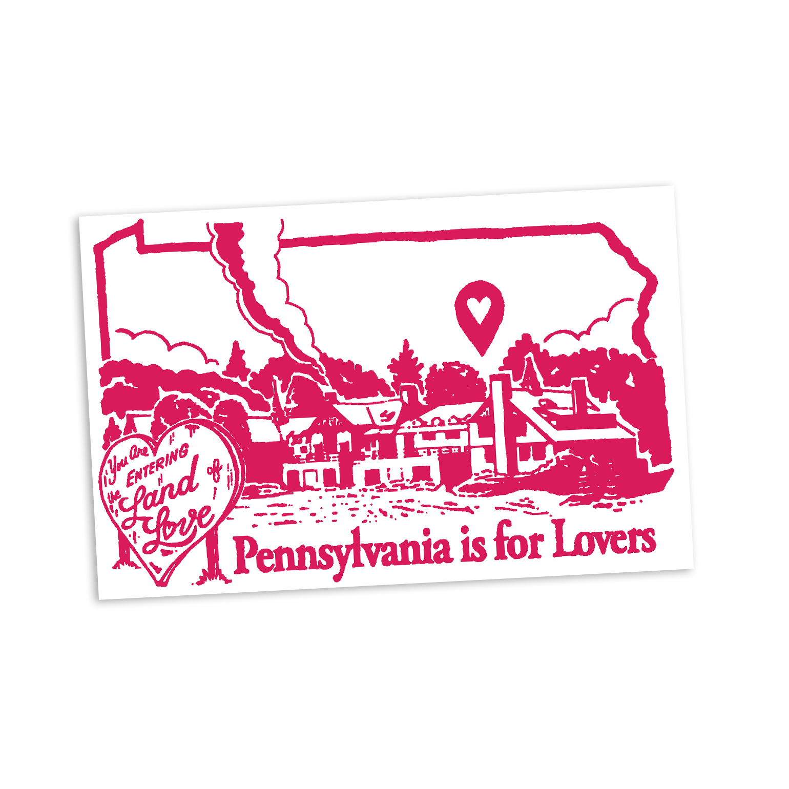 Pink outline of Pennsylvania with scenic illustration and text 'Pennsylvania is for Lovers' on a white background