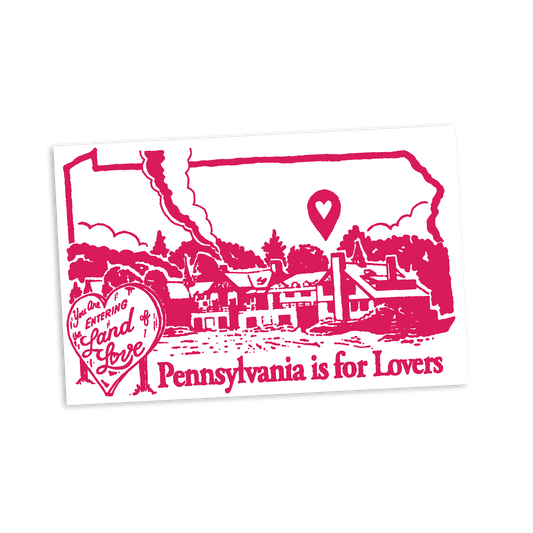 Pink outline of Pennsylvania with scenic illustration and text 'Pennsylvania is for Lovers' on a white background