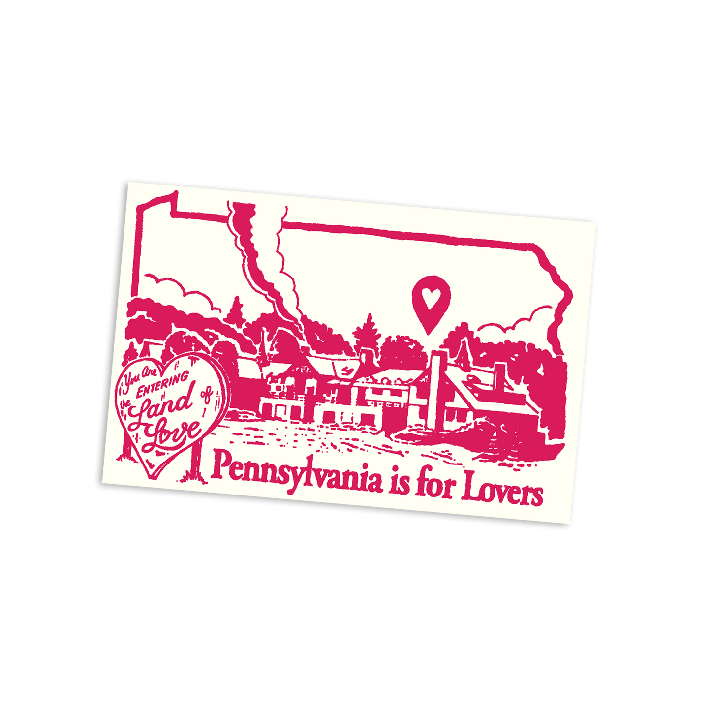 Print with pink outline of Pennsylvania and text 'Pennsylvania is for Lovers' on a white background
