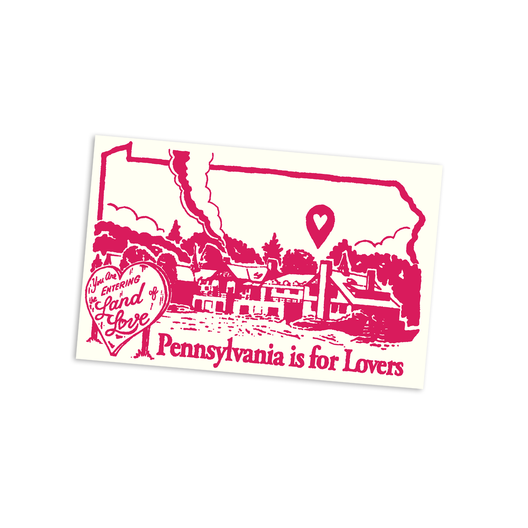 Print with pink outline of Pennsylvania and text 'Pennsylvania is for Lovers' on a white background