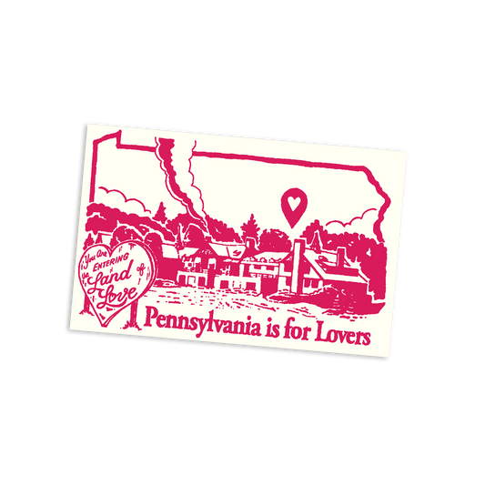 Print with pink outline of Pennsylvania and text 'Pennsylvania is for Lovers' on a white background