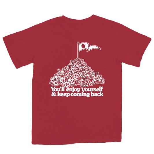 Red t-shirt with white graphic and text on a white background