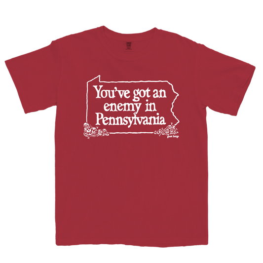 Red t-shirt with white text 'You've got an enemy in Pennsylvania'