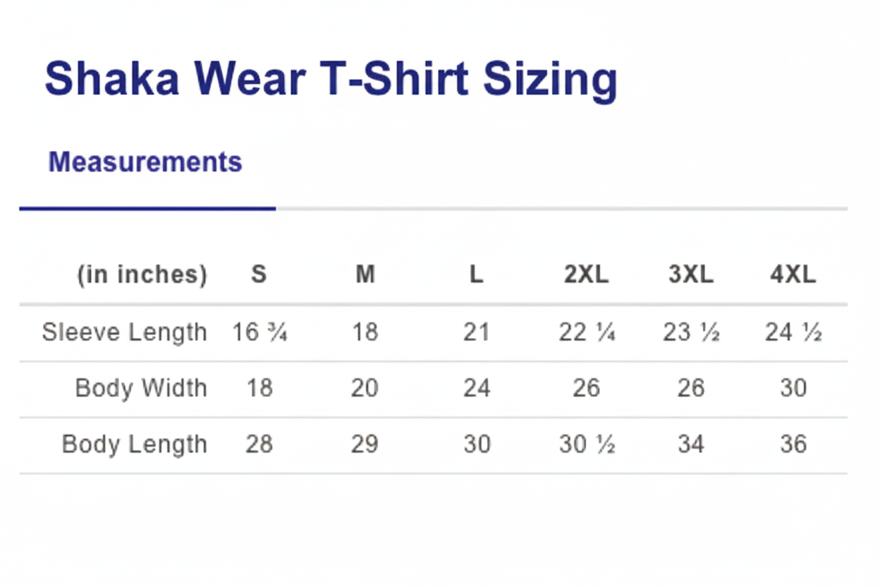 Measurement chart for sleeve length, body width, and body length in inches.