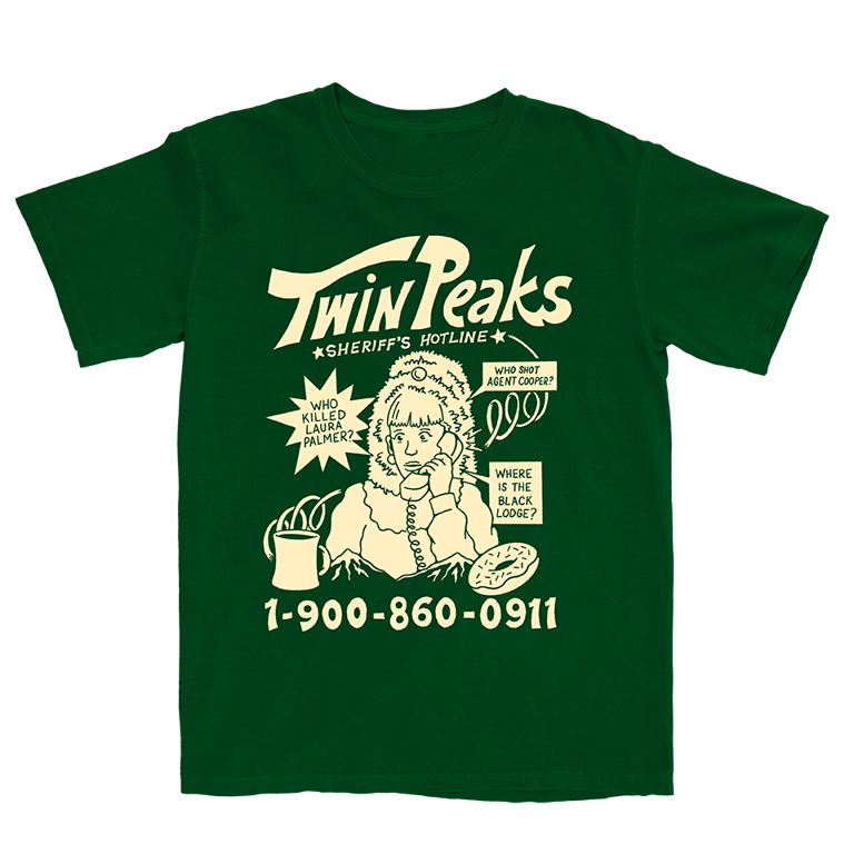 Green t-shirt with Twin Peaks graphic design featuring a phone hotline and character illustration.