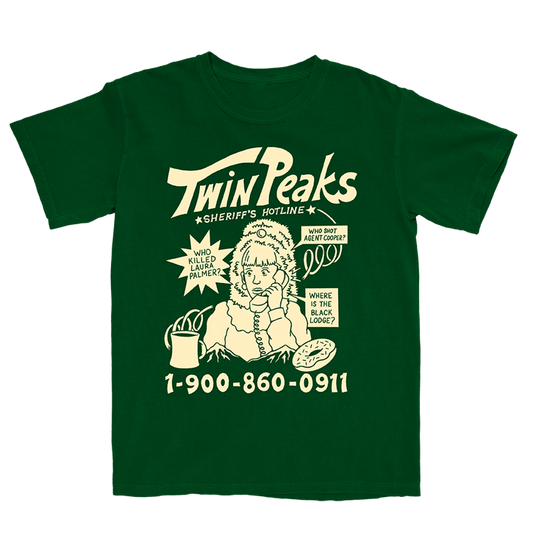 Green t-shirt with Twin Peaks graphic design featuring a phone hotline and character illustration.