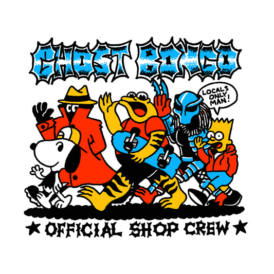 Cartoon characters with 'Ghost Bongo' text and 'Official Shop Crew' label on a white background
