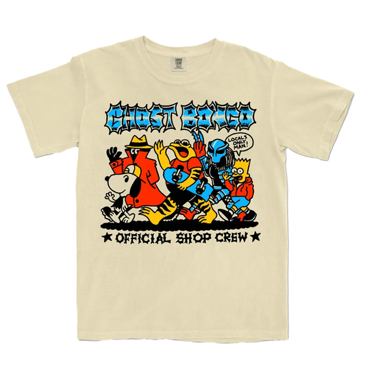 Beige t-shirt with colorful graphic design featuring cartoon characters and text on a transparent background