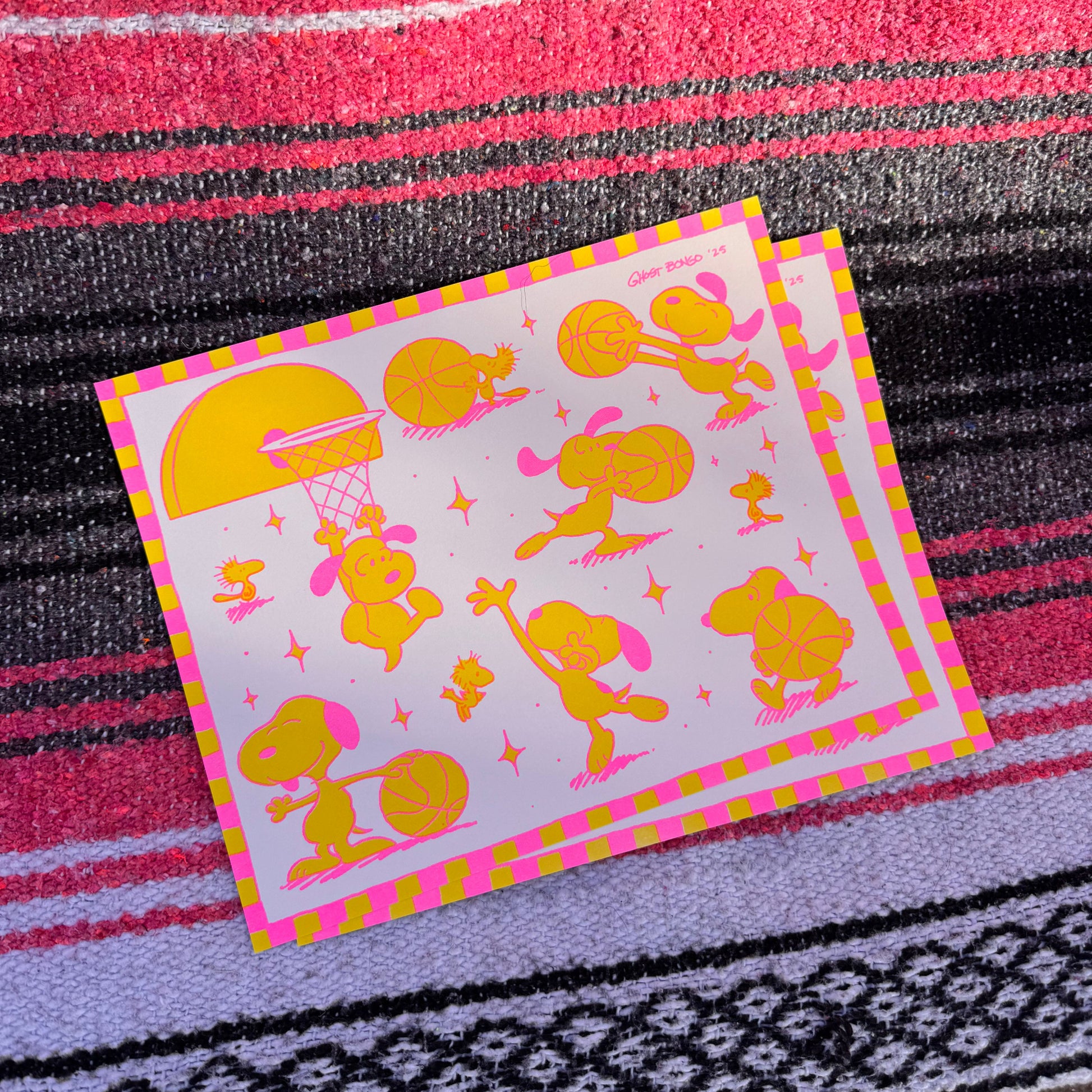 Risograph prpint with cartoon characters on a colorful fabric background