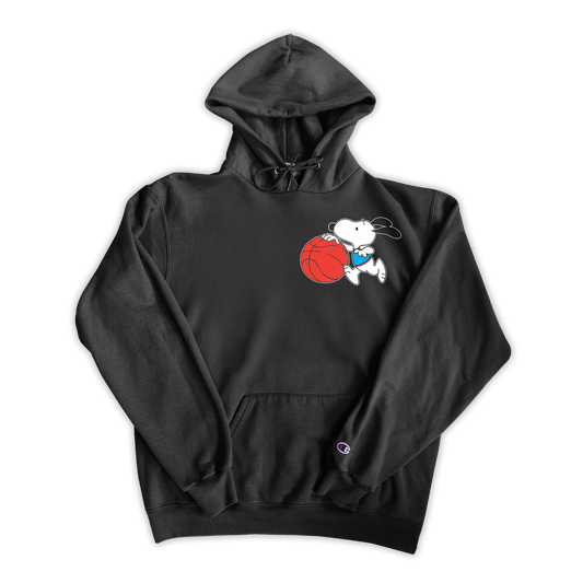Black hoodie with a cartoon character holding a basketball on a white background
