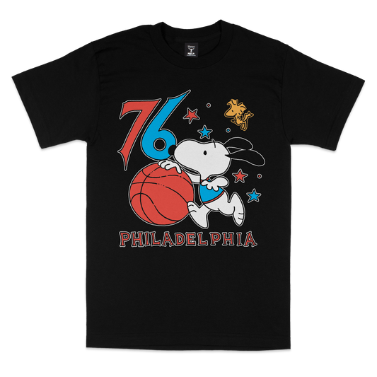 Black t-shirt with a graphic of a dog holding a basketball and the number '76' on a white background