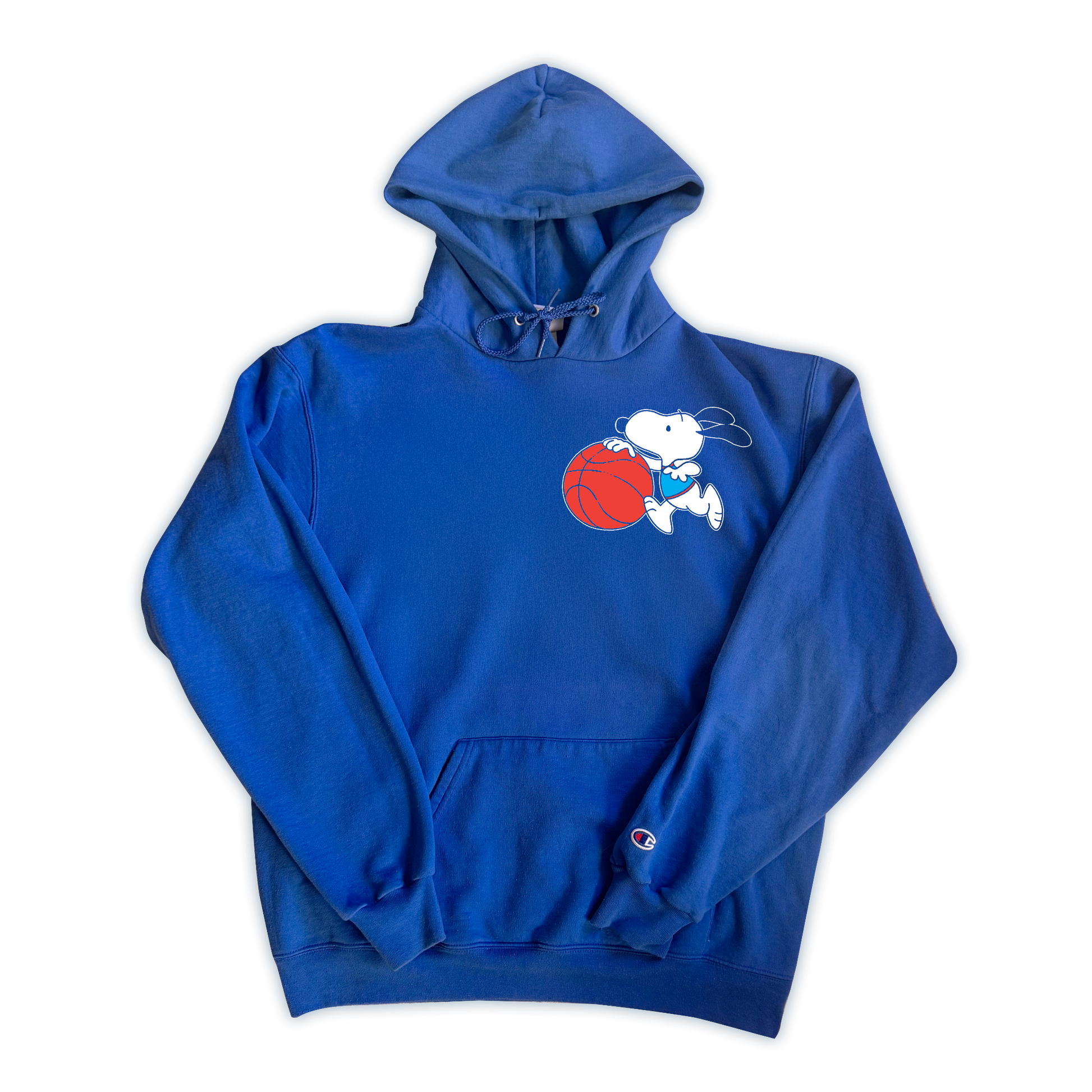 Blue hoodie with a graphic of a character holding a basketball on a white background