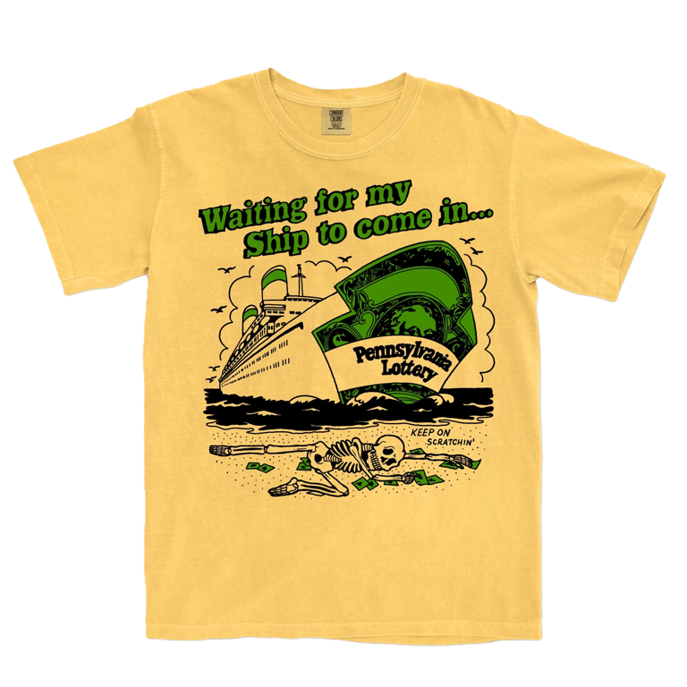 Yellow t-shirt with a graphic design of a ship and text