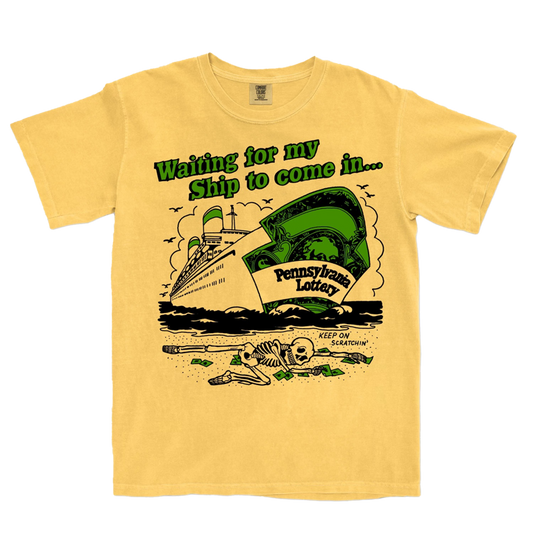 Yellow t-shirt with a graphic design of a ship and text