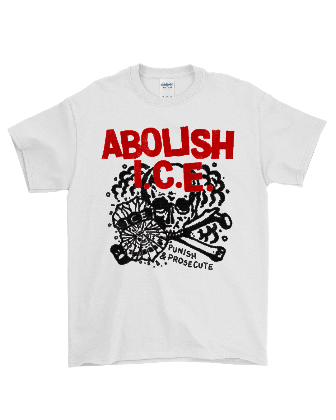 White t-shirt with red and black graphic design on a white background