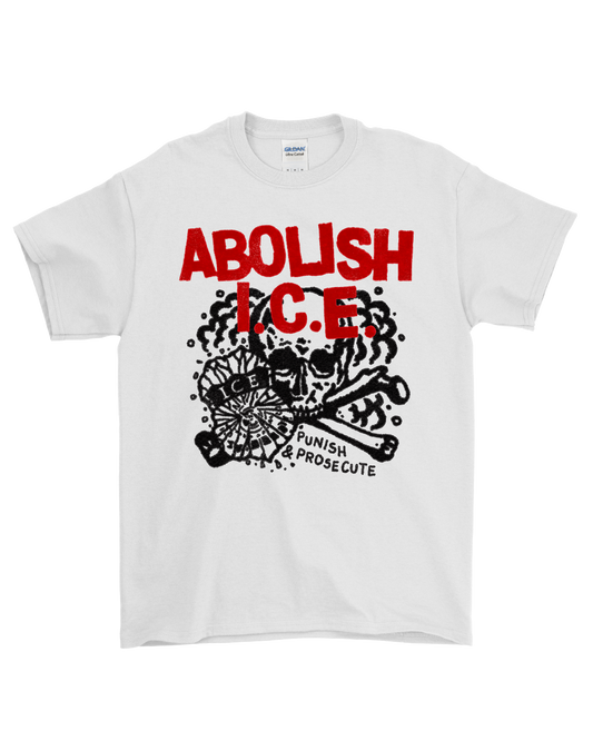 White t-shirt with red and black graphic design on a white background