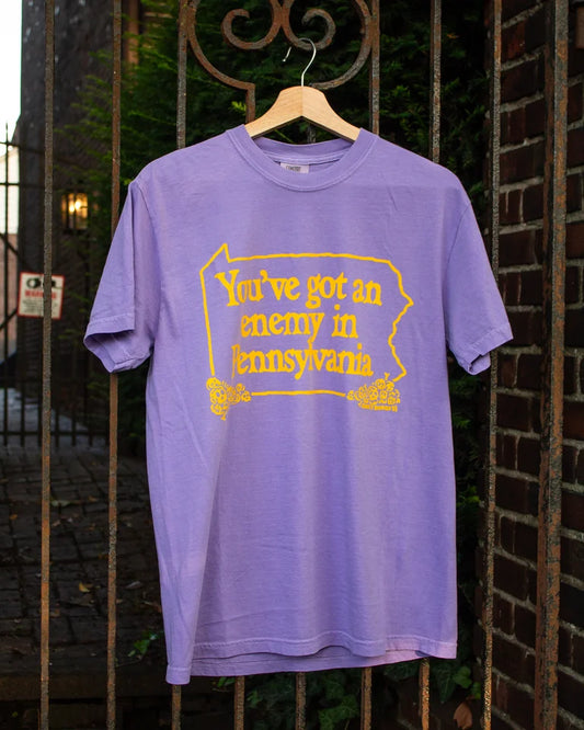 Purple t-shirt with yellow text on a hanger against a brick wall.