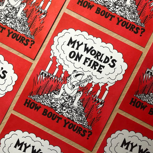 Red prints with black and white illustrations and text on a red background